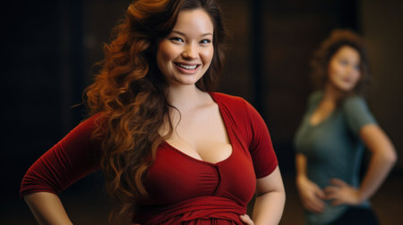A woman in red shirt posing for a picture with another lady, AIの素材