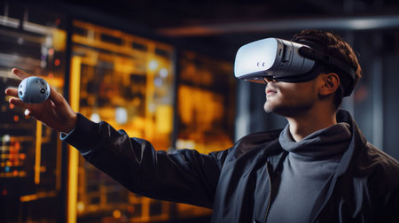 A man wearing a virtual reality headset playing with something, AIの素材