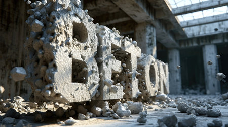 A large pile of rocks and concrete in front of a building, AIの素材