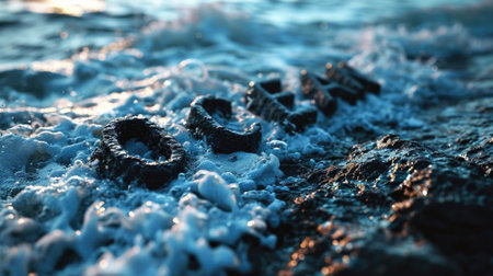 A bunch of rings are sitting in the water near a beach, AIの素材