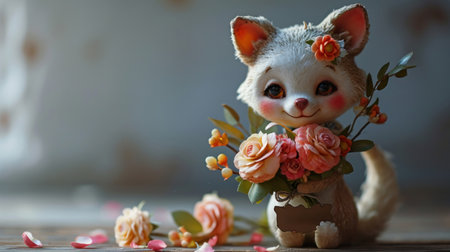 A small stuffed animal holding a bouquet of flowers on wooden floor, AIの素材
