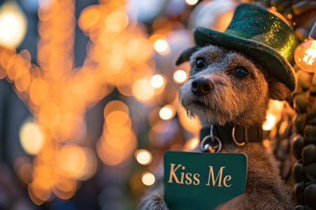 A dog wearing a green hat with the word kiss me on it, AIの素材