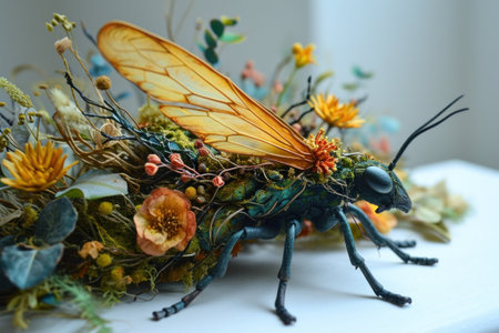A close up of a bug made out of flowers and leaves, AIの素材