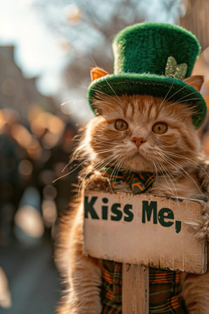 A cat wearing a green hat and holding up a sign, AIの素材