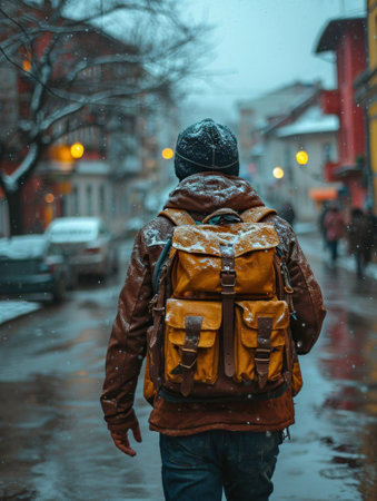 A man with a backpack walking down the street in snow, AIの素材