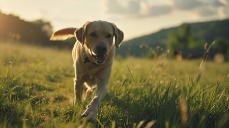A dog running through a field of tall grass with sun shining, AIの素材