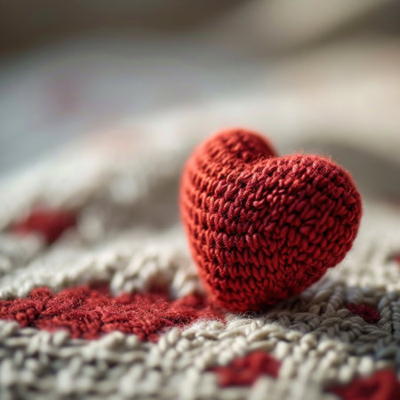 A red heart shaped knitted object on a blanket, AIの素材