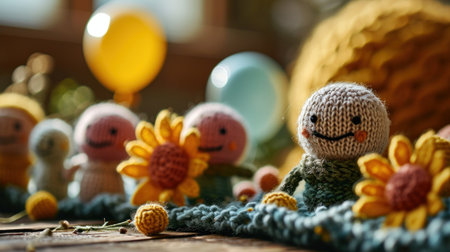 A group of small knitted dolls are sitting on a table, AIの素材