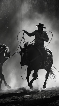 A cowboy is riding a horse and lassoing another, AIの素材