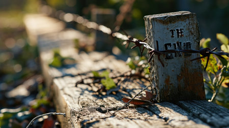 A wooden fence with barbed wire and a sign on it, AIの素材