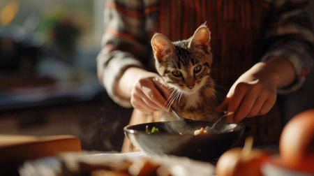 A person holding a cat in their hands while they are cooking, AIの素材