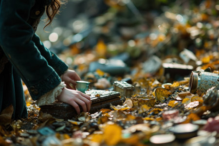 A person kneeling down in the leaves with a small box, AIの素材