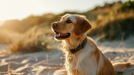 A dog sitting on top of a sandy beach with the sun in his eyes, AIの素材
