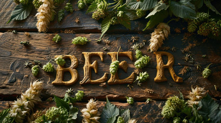 A wooden sign with the word beer surrounded by flowers, AIの素材