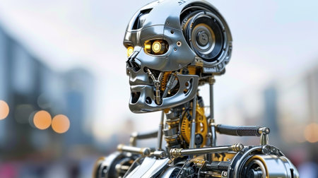 A robot with glowing eyes is standing in front of a city, AIの素材