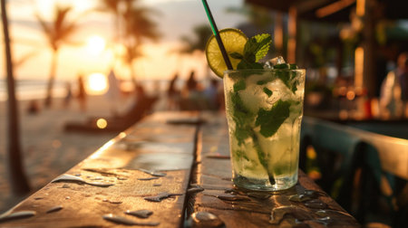 A drink with a lime and mint on the beach, AIの素材