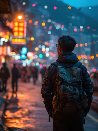 A man with backpack standing on a city street at night, AIの素材