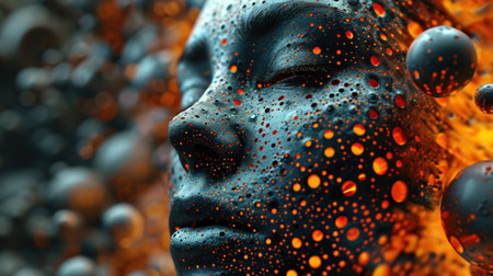 A close up of a face with bubbles and dots all over it, AIの素材