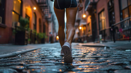 A woman in shorts and a sports bra walking down cobblestone street, AIの素材