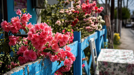 A close up of a blue fence with pink flowers on it, AIの素材