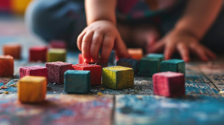 A child playing with colorful wooden blocks on a floor, AIの素材