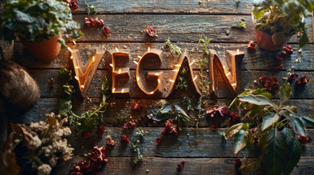 A wooden table with a sign that says vegan in it, AIの素材