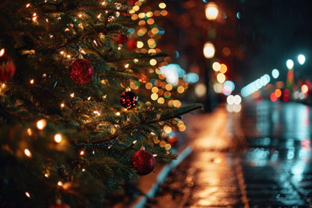 A christmas tree is lit up on a rainy night, AIの素材