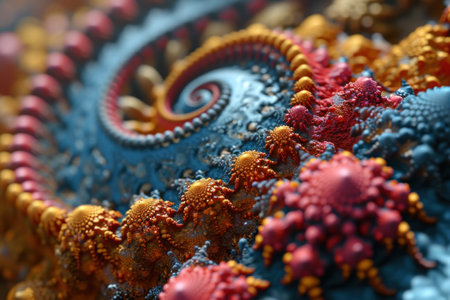 A close up of a colorful spiral design on top of some blue and red objects, AIの素材