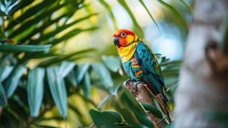 A colorful parrot perched on a branch in the middle of trees, AIの素材