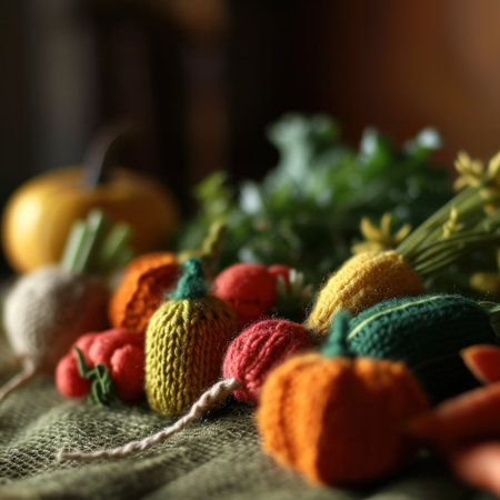 A close up of a bunch of vegetables that are knitted, AIの素材