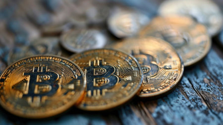 A group of bitcoin coins sitting on top of a wooden table, AIの素材
