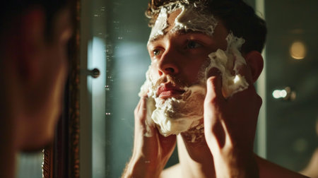 A man shaving his face in front of a mirror, AIの素材
