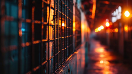 A hallway with a metal fence and lights on the wall, AIの素材
