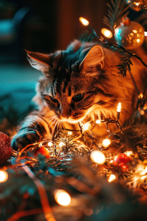 A cat laying on a christmas tree with lights and ornaments, AIの素材