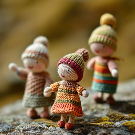Three small knitted dolls standing on a rock in the snow, AIの素材