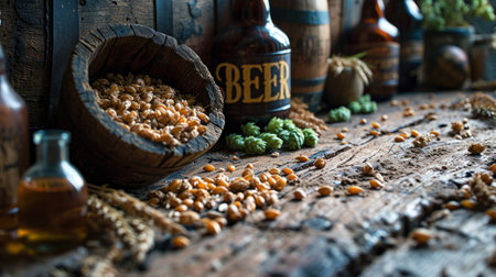 A wooden table with a bowl of beer and bottles, AIの素材