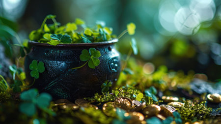 A pot filled with green grass and shamrock leaves on a moss covered ground, AIの素材
