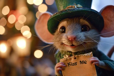 A mouse dressed in a green hat holding up a sign, AIの素材