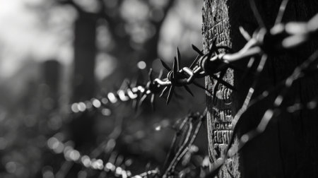 A close up of a barbed wire fence with some trees in the background, AIの素材