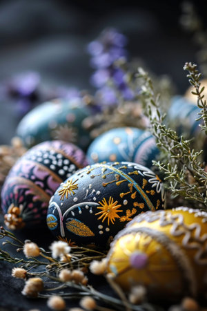 A bunch of decorated eggs are sitting on a table, AIの素材