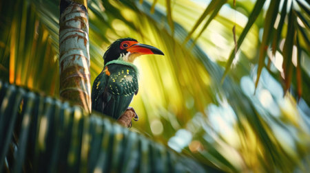 A colorful tropical bird perched on a tree branch with leaves, AIの素材