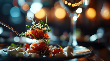 A fork with a small amount of food on it sitting in front of some glasses, AIの素材