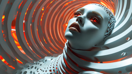 A woman with red eyes and a white face in an abstract sculpture, AIの素材