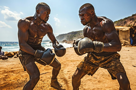Two men are boxing on the beach in front of a crowd, AIの素材