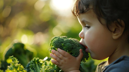 A young child eating a piece of broccoli in the field, AIの素材