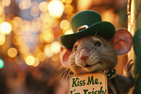 A stuffed mouse wearing a green hat and holding up an irish sign, AIの素材