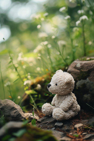 A teddy bear sitting on a rock in the woods, AIの素材