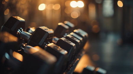 A close up of a row of dumbbells in the gym, AIの素材