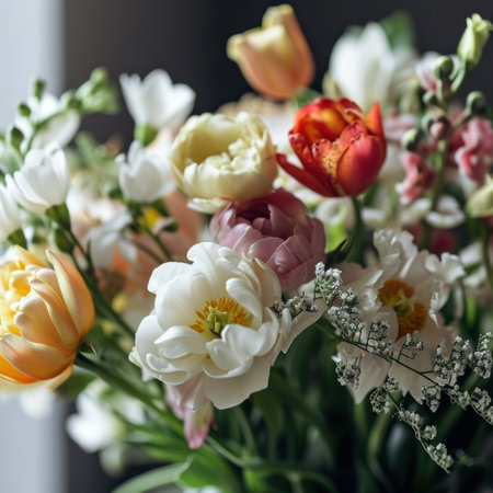 A close up of a bouquet with many different flowers in it, AIの素材