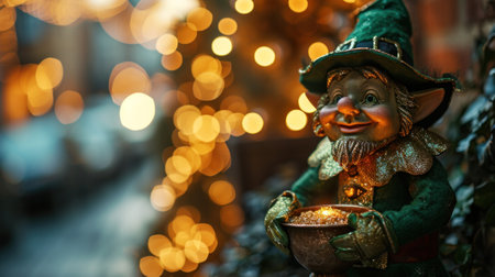 A close up of a gnome holding an ornament in front of lights, AIの素材